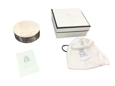 Lot 128 - H.M.Queen Elizabeth II, 2008 Royal Household Christmas present of set silver plated coasters in box with etched Royal cipher to lid, felt bag and original outer box with Royal cipher and presentati...