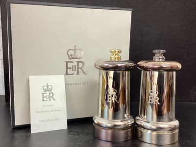 Lot 131 - H.M.Queen Elizabeth II, 2011 Royal Household Christmas present of a pair of silver plated salt and pepper grinders etched Royal ciphers in original box with Royal cipher to lid and with presentatio...