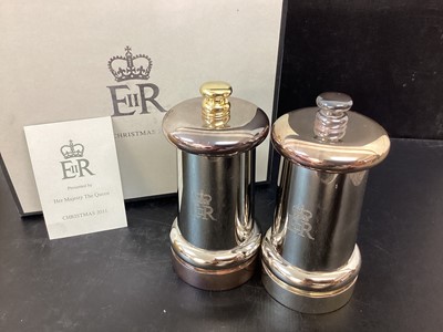Lot 131 - H.M.Queen Elizabeth II, 2011 Royal Household Christmas present of a pair of silver plated salt and pepper grinders etched Royal ciphers in original box with Royal cipher to lid and with presentatio...