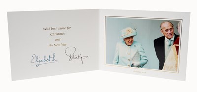 Lot 147 - H.M.Queen Elizabeth II and H.R.H. The Duke of Edinburgh, signed 2018 Christmas card with twin gilt ciphers to cover, colour photograph of the Royal couple to the interior with envelope