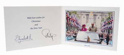Lot 149 - H.M.Queen Elizabeth II and H.R.H. The Duke of Edinburgh, signed 2016 Christmas card with twin gilt ciphers to cover, colour photograph of the Royal couple to the interior with envelope