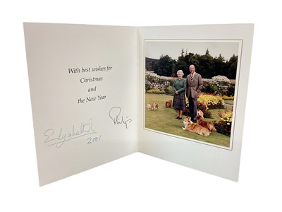 Lot 162 - H.M.Queen Elizabeth II and H.R.H. The Duke of Edinburgh, signed 2001 Christmas card with twin gilt ciphers to cover, colour photograph of the Royal couple with the Corgis to the interior with envel...