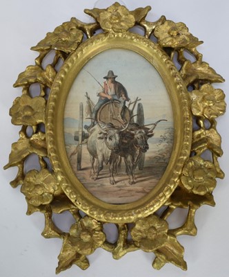 Lot 1279 - Attributed to Jacques Van Muyden (1818-1898) watercolour - Oxon pulling a cart, label verso dated '44, oval 14cm x 10cm in carved florentine gilt frame