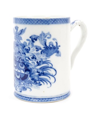Lot 270 - 18th century Chinese export porcelain blue and white armorial mug, bearing the arms of The Glover family of Norfolk, 14cm in height. 
N.B. Page 414 of Sanctuary Howard