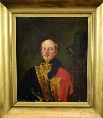 Lot 1213 - Early 19th century English School oil on canvas - Officer of the King's Royal Irish Hussars, 34cm x 28cm in gilt frame