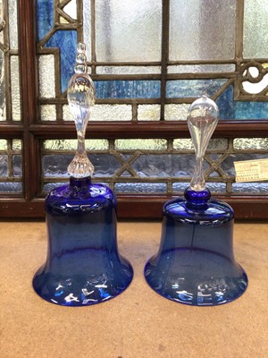 Lot 68 - Two ‘Bristol’ blue glass bells, one with hollow blown clear glass handle