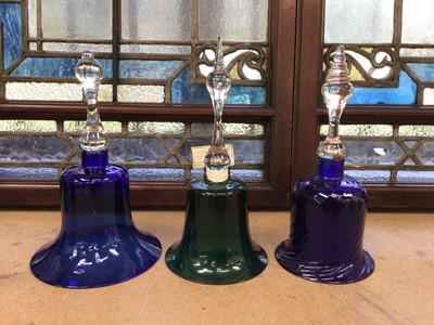 Lot 69 - Two ‘Bristol’ blue glass bells, and a green tinted glass bell