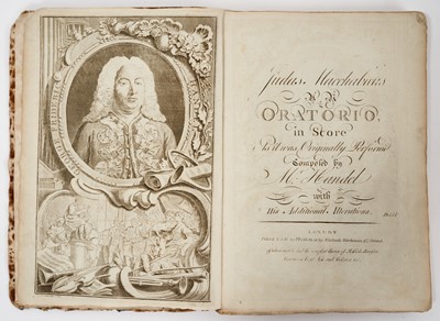 Lot 900 - 18th century musical score to Handel's Judas Maccabaeus Oratorio, printed by Preston at his wholesale warehouses, 97 Strand, with marbled board ends (detached), 37 x 28cm