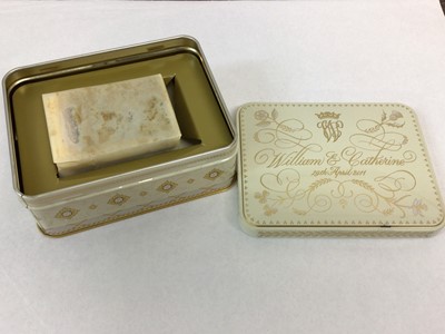 Lot 170 - The Wedding of T.R.H. Prince William to Catherine Duchess of Cambridge (now T.R.H. The Prince and Princess of Wales) 2011, piece of Wedding cake in tin with presentation card and outer box