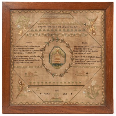Lot 904 - George III silkwork sampler, by Martha Blyth, 1803, with biblical verses and foliate devices in formal borders, glazed frame, 49 x 49cm