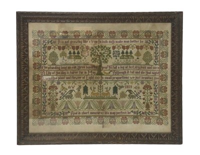 Lot 905 - Sampler, signed AW 1819, with didactic verse and nature motifs in formal borders, glazed carved wooden frame, 47 x 57cm, together with four further samplers