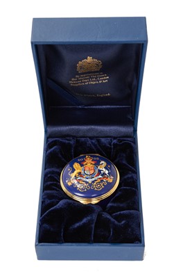 Lot 172 - H.M.Queen Elizabeth II, 2002 Royal Household Christmas present, Halcyon Days circular enamel box with polychrome Royal Arms and 2002 to lid, inscribed inside ' The Golden Jubilee Presented by Her M...