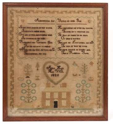 Lot 906 - George IV sampler, by Alice Holt 1822, with religious verse and country house in meander border, glazed frame, 53 x 47cm