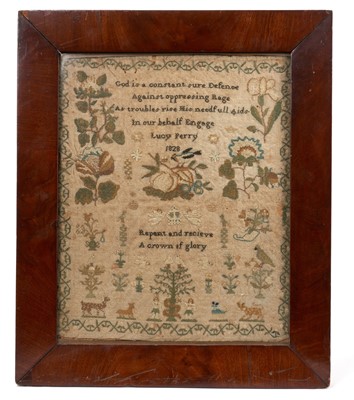 Lot 907 - George IV sampler, by Lucy Perry 1828, with religious verse and scattered animal and foliate ornament, with Adam and Eve motif below, in glazed period cushion frame