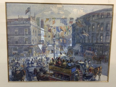 Lot 175 - William Harding Collingwood Smith (1842-1922), fine watercolour of Kensington High Street on Queen Victoria's Diamond Jubilee 1897. The vibrant street scene with horse drawn carriages and buses wit...