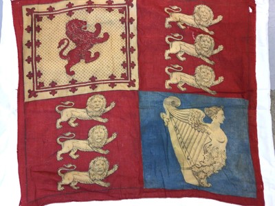 Lot 178 - Edwardian Royal Standard banner of printed cotton later mounted on a white cotton tabard. The banner 60 x 69 cm