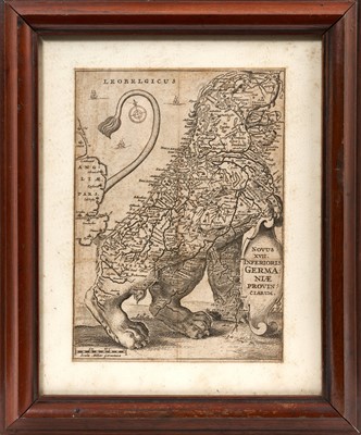 Lot 931 - Leo Belgicus - Lion map of the Seventeen Provinces, 'Novus XVII Inferioris Germaniae Provinciarum' copper engraving published in Leiden in 1643 by Jacques Marcus, 18 x 13cm, glazed frame