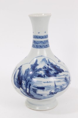 Lot 277 - Chinese blue and white porcelain bottle vase, 18th/19th century, decorated with precious objects and a landscape scene, bands of patterns around the neck, double-ring mark to base, 19cm high