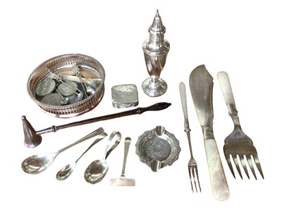 Lot 1002 - Silver candle snuffer with turned wood handle, small silver ash tray, silver caster, silver spoons, other plated ware and some coins