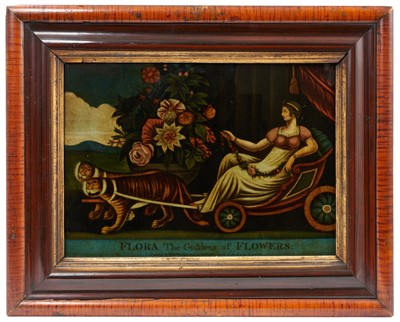 Lot 962 - Good pair of reverse prints on glass, titled 'Pomona' and 'Flora', in antique grained cushion frames, 41 x 50cm