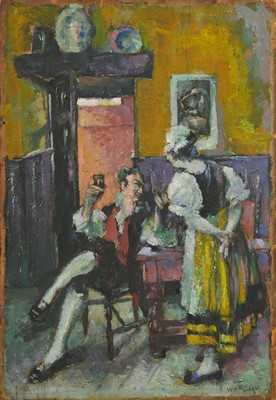 Lot 7 - Alfred Aaron Wolmark (1877-1961) oil on panel - Figures in a Tavern, signed, 51cm x 35cm, in gilt frame