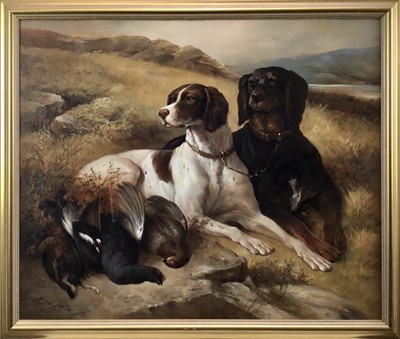 Lot 203 - 19th century-style oil on canvas - Sporting Dogs on the Moor with dead Grouse, signed, in gilt frame