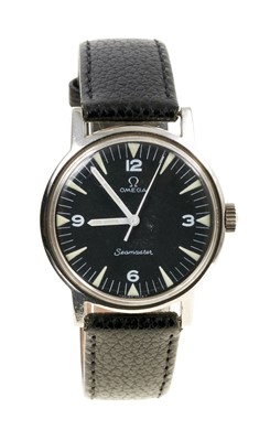 Lot 754 - 1960's Gentlemen's Omega Seamaster military style steel cased wristwatch, the signed black dial with luminous triangular hour markers and quarterly Arabic numerals, on a later leather strap.