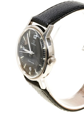 Lot 754 - 1960's Gentlemen's Omega Seamaster military style steel cased wristwatch, the signed black dial with luminous triangular hour markers and quarterly Arabic numerals, on a later leather strap.