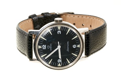 Lot 754 - 1960's Gentlemen's Omega Seamaster military style steel cased wristwatch, the signed black dial with luminous triangular hour markers and quarterly Arabic numerals, on a later leather strap.