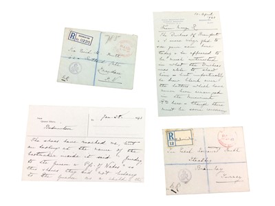 Lot 192 - H.M. Queen Mary, two 1940s handwritten letters from Badminton to Sir Cecil Harcourt Smith, Curator of the Victoria & Albert Museum relating to a pair of Royal shoes and the Duchess of Beaufort, wit...