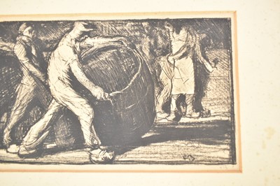 Lot 1300 - *Sir Frank Brangwyn three signed prints - Unloading Oranges at London Bridge, Is There Truth in Drink? and one other, unframed