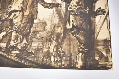 Lot 1300 - *Sir Frank Brangwyn three signed prints - Unloading Oranges at London Bridge, Is There Truth in Drink? and one other, unframed