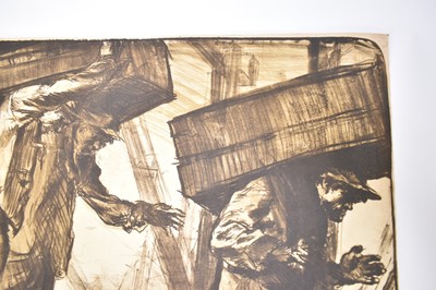 Lot 272 - *Sir Frank Brangwyn three signed prints - Unloading Oranges at London Bridge, Is There Truth in Drink? and one other, unframed