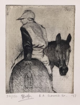 Lot 206 - M. B. late 20th century, signed limited edition etching - Jockey and Horse, 32/150, dated '97, in glazed gilt frame