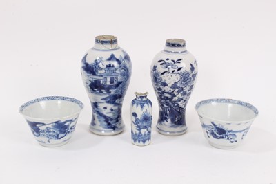 Lot 329 - Group of Chinese blue and white porcelain, including two small 18th century vases, approx 13.5cm high, a pair of 18th century tea bowls painted with figures on horseback, and an 18/19th century snu...