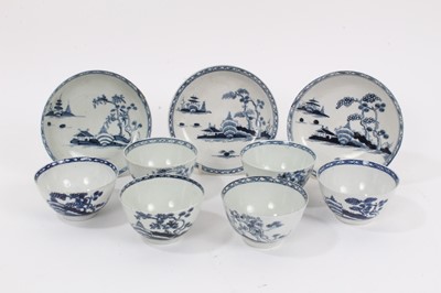 Lot 332 - Three Worcester blue and white 'Cannonball' pattern tea bowls and saucers