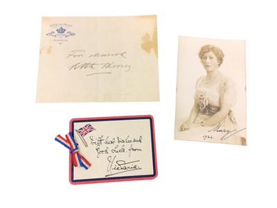 Lot 198 - H.R.H.Princess Mary The Princess Royal signed portrait postcard dated 1922, King Edward VII inscribed Hotel Du Palais Biarritz envelope and Princess Victoria signed card (3)