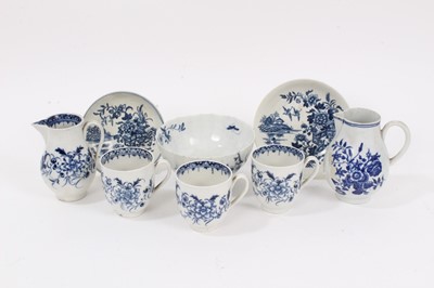 Lot 336 - Group of 18th century blue and white Worcester porcelain, including two sparrow beak jugs, tea wares and a faceted bowl (8)