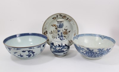 Lot 337 - Group of 18th century Chinese porcelain, including two large blue and white bowls, a guglet and a grisaille painted dish (4)