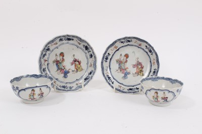 Lot 338 - Pair of 18th century Chinese famille rose porcelain tea bowls and saucers, decorated with figural scenes, the saucers measuring 13.5cm diameter