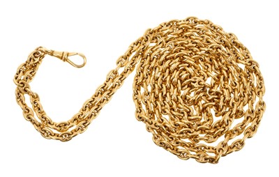 Lot 650 - 19th century gold long chain with mariner links and clasp, approximately 130cm.