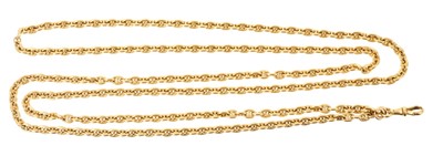 Lot 650 - 19th century gold long chain with mariner links and clasp, approximately 130cm.