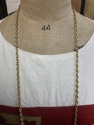 Lot 650 - 19th century gold long chain with mariner links and clasp, approximately 130cm.