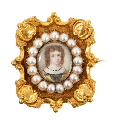 Lot 654 - Good quality early 19th century gold portrait brooch with a finely painted portrait miniature on ivory depicting a young lady, within a pearl frame mounted on a gold brooch with rococo 'C' scroll b...