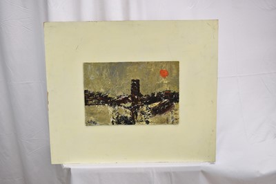 Lot 987 - *Robert Sadler (1909-2001) Abstract/Landscape, Church and Sun, 1990, acrylic on board, signed and dated, 23 x 35cm, framed