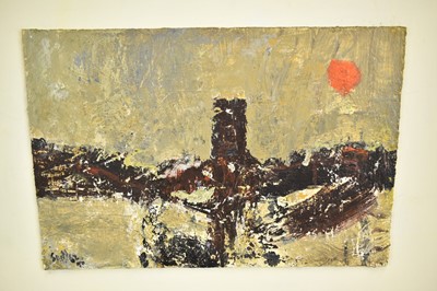 Lot 987 - *Robert Sadler (1909-2001) Abstract/Landscape, Church and Sun, 1990, acrylic on board, signed and dated, 23 x 35cm, framed
