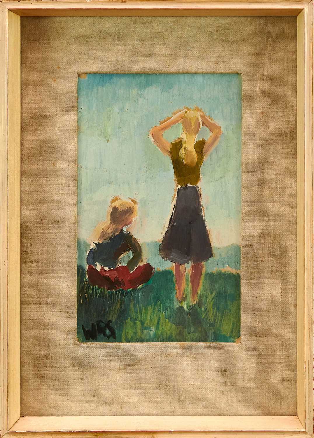 Lot 978 - *Robert Sadler (1909-2001) Figurative, Two Girls on the Beach, 1956, oil on board, signed WRS, inscribed verso, 27.5 x 19cm, framed
