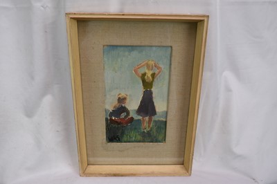 Lot 978 - *Robert Sadler (1909-2001) Figurative, Two Girls on the Beach, 1956, oil on board, signed WRS, inscribed verso, 27.5 x 19cm, framed