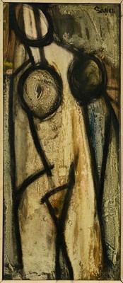 Lot 1328 - *Robert Sadler (1909-2001) Abstract, after Modigliani, 1962, acrylic on board, signed, 77.5 x 33cm, framed