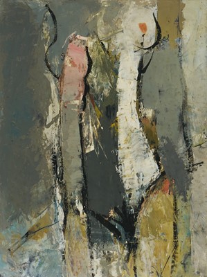Lot 1335 - *Robert Sadler (1909-2001) acrylic on board - Two abstract figures, signed, 38.5cm x 29cm, unframed